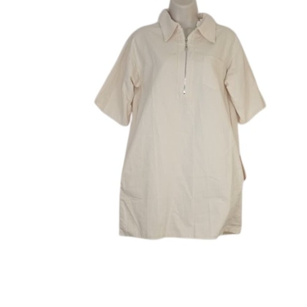 Little Mountain Women Cordova Mini Shirt Dress in Natural Zip Neck Pockets S New